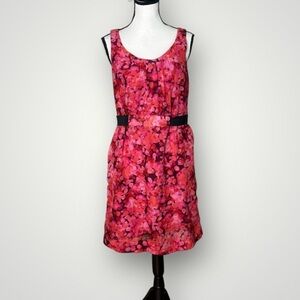 Loft red watercolor floral black belt shift dress